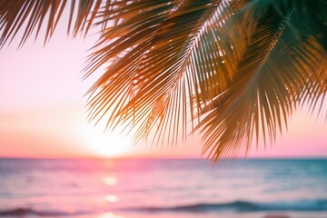 Fototapeta na wymiar Sunset Through Tropical Palm Leaves: Pink Sky and Sea