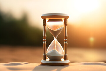 hourglass on sand with beach and sea sunset background