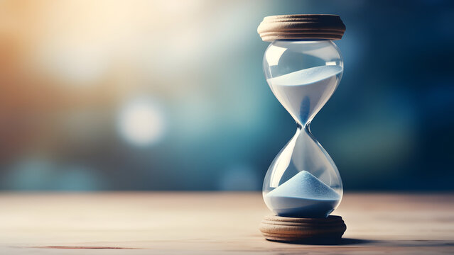 hourglass on sand with beach and sea sunset background