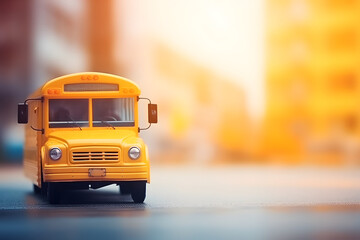 school bus on the street with school building background. back to school