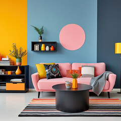 Pink sofa against blue wall with shelf. Colorful vibrant pop art mid-century style home interior design of modern living room.