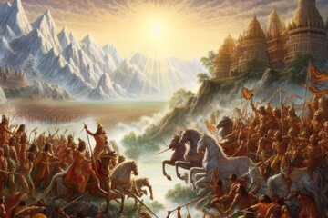 the war between the Pandavas and Kauravas, as mentioned in the Hindu epic Mahabharat. The war took place at Kurukshetra, India - obrazy, fototapety, plakaty