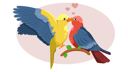 Beautiful pair of parrots in love in cartoon style. Vector illustration with a yellow parrot kissing a red parrot sitting on a branch with green leaves and hearts isolated on a white background.