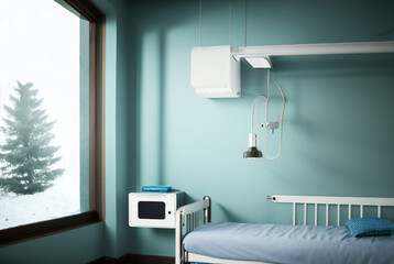 病院のベッドと窓の外の雪景色の木,generative ai