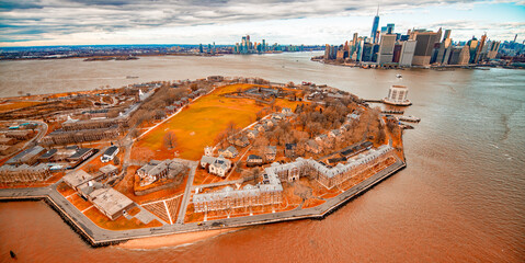 Ellis Island aerial view from helicopter in winter season, New York City - USA