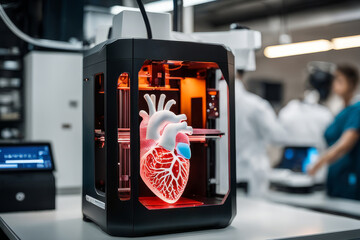 Medicine 3d printer for organ heart printed. Concept new technology transplant.