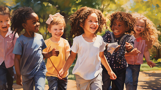 image of children of different races playing together in a park, sharing laughter and joy, exemplifying the innocence and natural harmony that transcends racial differences