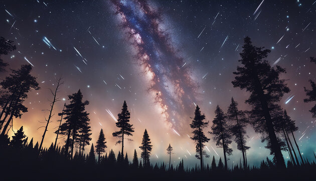 Abstract time lapse night sky with shooting stars over forest landscape. Milky way glowing lights background