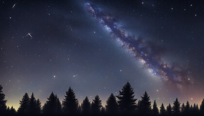 Abstract time lapse night sky with shooting stars over forest landscape. Milky way glowing lights background