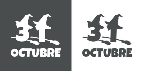 Logo con número 31 con silueta de sombrero de bruja volando en escoba y letras palabra octubre en español para su uso en invitaciones y tarjetas de Halloween © teracreonte