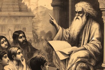 an old Hindu rishi or sadhu educating young people in ancient India
