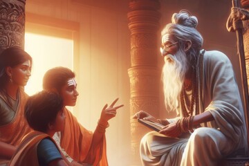 an old Hindu rishi or sadhu educating young people in ancient India - obrazy, fototapety, plakaty
