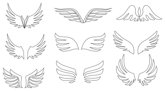 Collection of wings outline icons. Wings icon set. Wings symbol. Vector illustration