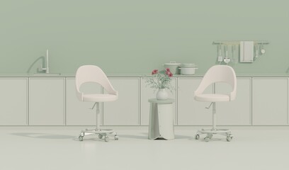 Two armchair on Green kitchen background and minimalist interior design. Dinner table on pastel background. 3d rendering
