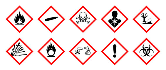 Globally Harmonized System (GHS) Warning Signs.  Flame, gas cylinder, skull and cross bones, health hazards, environment, explosion, oxidizers, corrosion, exclamation mark, radioactive - obrazy, fototapety, plakaty