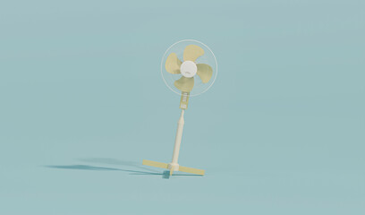 Simple fan or ventilator on floor. Home climate equipment. Air cooling fan on pastel background. Home appliances and tools concept. 3d render illustration.
