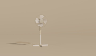 Simple fan or ventilator on floor. Home climate equipment. Air cooling fan on pastel background. Home appliances and tools concept. 3d render illustration.

