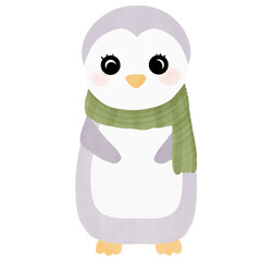 penguin with scarf, hand drawn, transparency illustration.