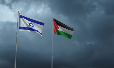 Isarael palestine flag waving cloudy rain background war military conflict religion culture muslim...