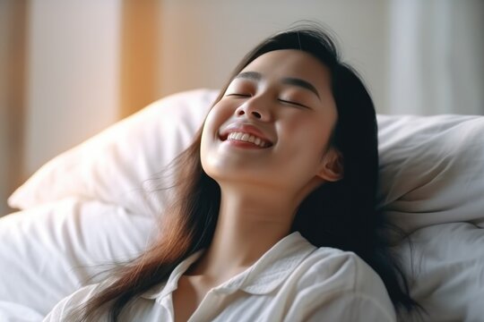 Beautiful women asian wake up in morning in bedroom. AI Generated