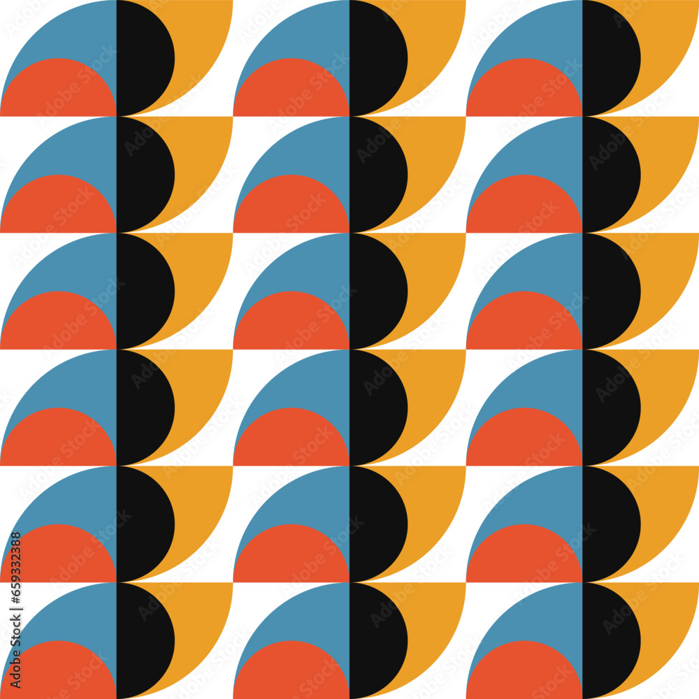 Poster Geometric abstract vector seamless pattern with circles, rectangles and squares in retro Bauhaus style. Pastel colored simple shapes graphic background.