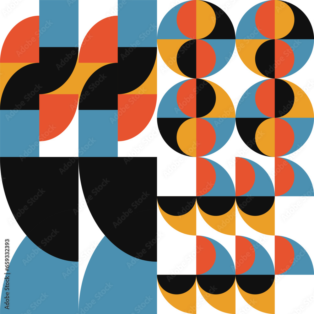 Poster Geometric abstract vector seamless pattern with circles, rectangles and squares in retro Bauhaus style. Pastel colored simple shapes graphic background.