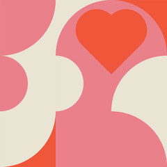 Romantic vector abstract  geometric background with hearts, circles, rectangles and squares  in retro Scandinavian style. Pastel colored simple shapes graphic pattern. Abstract mosaic artwork. - 659332380