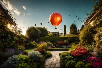Deurstickers Toilet A single balloon floating above a tranquil garden.