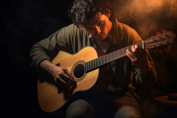 photo of man He skillfully played a haunting melody on his acoustic guitar