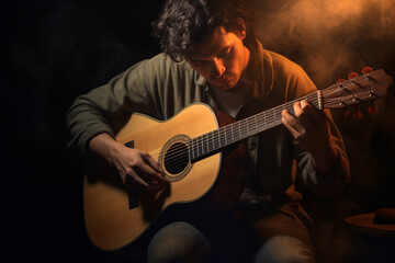 Fototapeta premium photo of man He skillfully played a haunting melody on his acoustic guitar