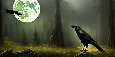 Banner Creepy black crow croaking in misty dark forest on full moon night. Raven on branches in a moonlit night - obrazy, fototapety, plakaty