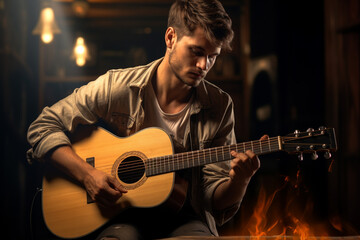 photo of man He skillfully played a haunting melody on his acoustic guitar