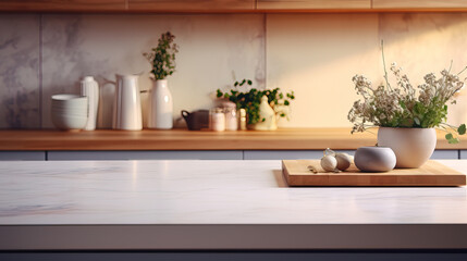 close up of a professionell kitchen counters with blur kitchen cupboards in the back, minimalist sets,  mock-up with empty copy space
