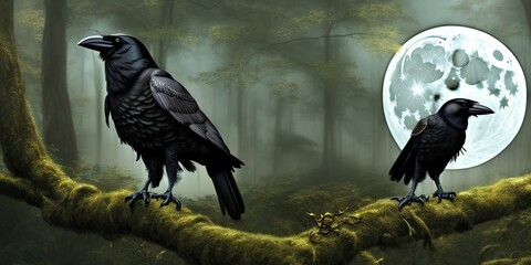 Obraz premium Raven sitting on a branch dark forest moon background