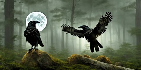 Raven sitting on a branch dark forest moon background - Powered by Adobe