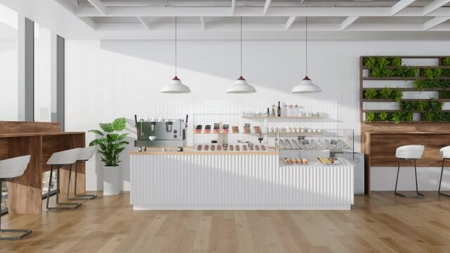 Eco-Friendly Coffee Shop Interior With Vertical Garden, Potted Plants, Stools, Coffee Maker And Cake Display Fridge