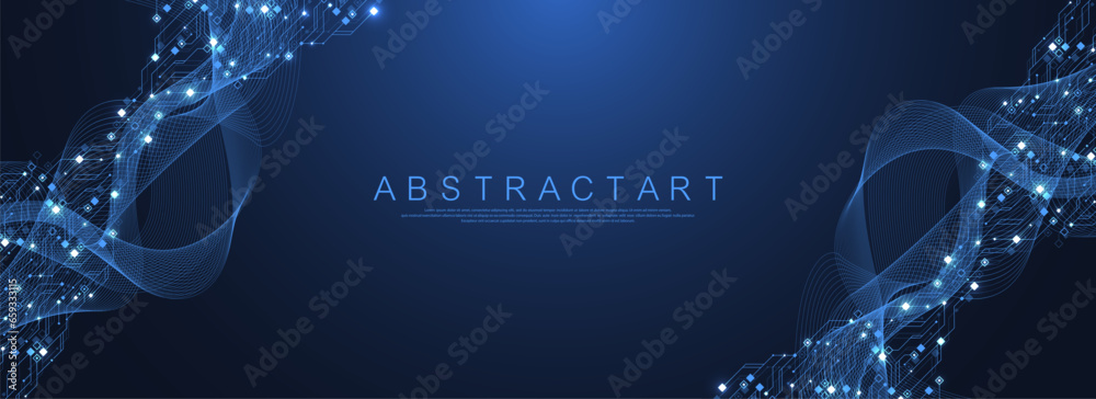 Aufkleber Quantum computer technologies concept. Futuristic blue circuit board background vector. Modern technology circuit board texture background design. Waves flow. Quantum explosion technology.