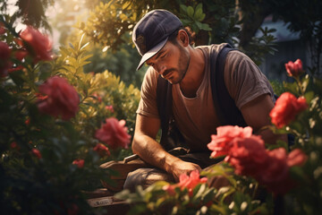 photo of man The man carefully tended to his garden, pruning the roses and weeding the bed - obrazy, fototapety, plakaty