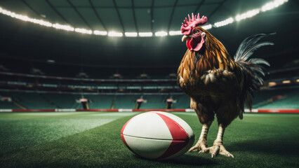 un coq français avec un ballon de rugby sur la pelouse d'un stade, espace pour texte - obrazy, fototapety, plakaty