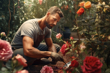 photo of man The man carefully tended to his garden, pruning the roses and weeding the bed - obrazy, fototapety, plakaty