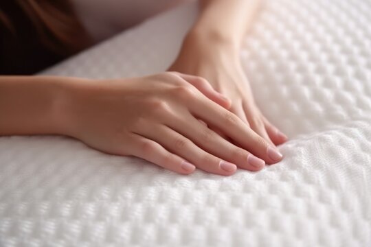 Woman touching soft orthopedic mattress. AI Generated