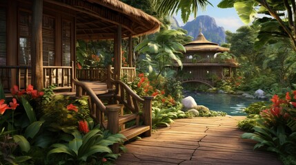 Fototapeta premium Tropical Garden backyard during the day with wooden cabin