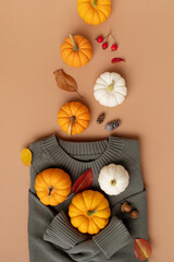 Thanksgiving, autumn harvest and halloween holiday background from knitted sweater with pumpkins and fall decorations top view..