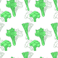 seamless green background with vegetables, vector illustration. pattern with broccoli and greenery	