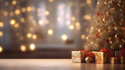 Fototapeta na wymiar Christmas home room with tree and festive bokeh lighting, blurred holiday background