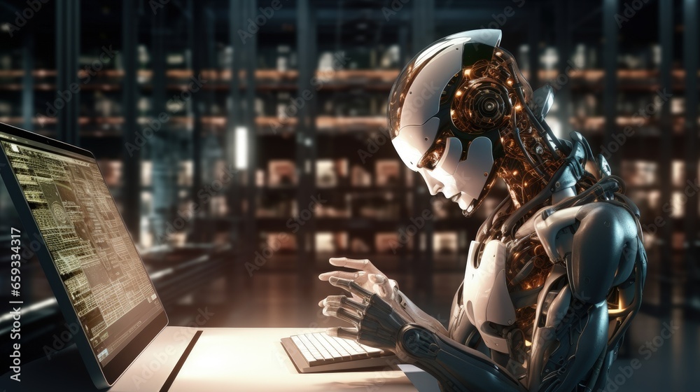 Poster Robot hominoid using tablet computer for global network connection using AI thinking brain , artificial intelligence and machine learning process for 4th industrial revolution . 3D rendering.