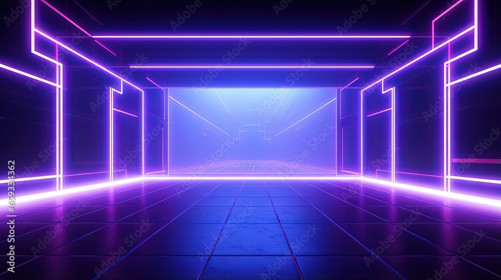 Aufkleber 3d render, abstract panoramic background with neon lines glowing in ultraviolet spectrum. Empty virtual room, square frame
