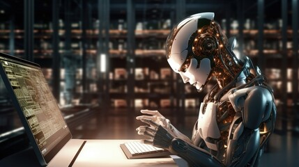 Robot hominoid using tablet computer for global network connection using AI thinking brain , artificial intelligence and machine learning process for 4th industrial revolution . 3D rendering.
