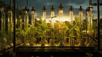 Biotechnology and laboratory research on organic plant cultivation. - obrazy, fototapety, plakaty