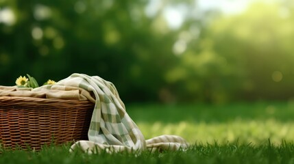 Picnic basket with blanket on green lawn in garden, space for text. Banner design